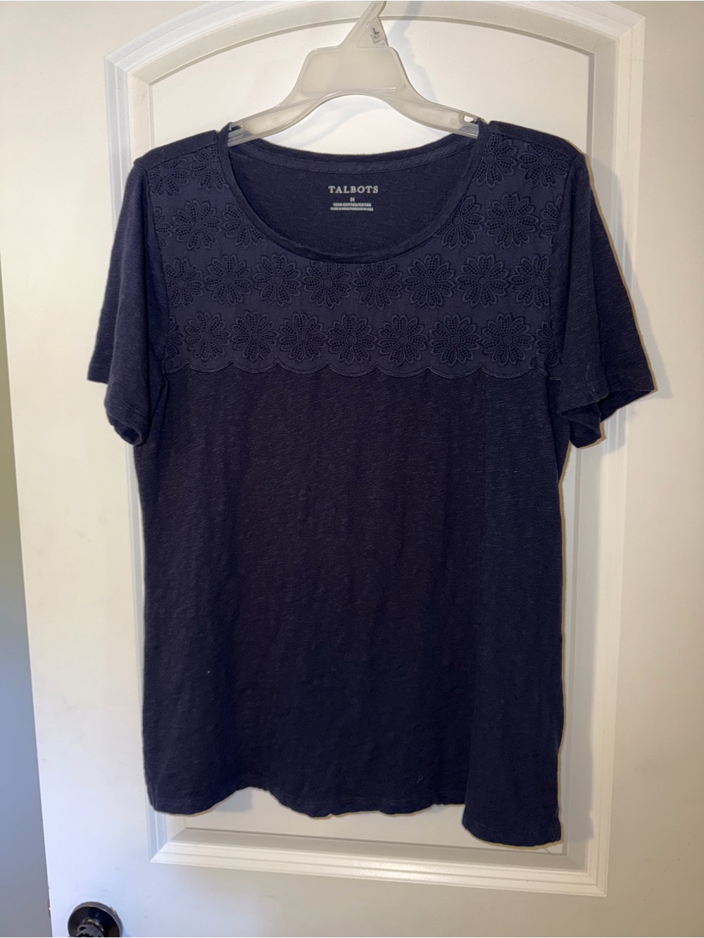 Talbots Navy Short Sleeve Tee with Floral Yoke